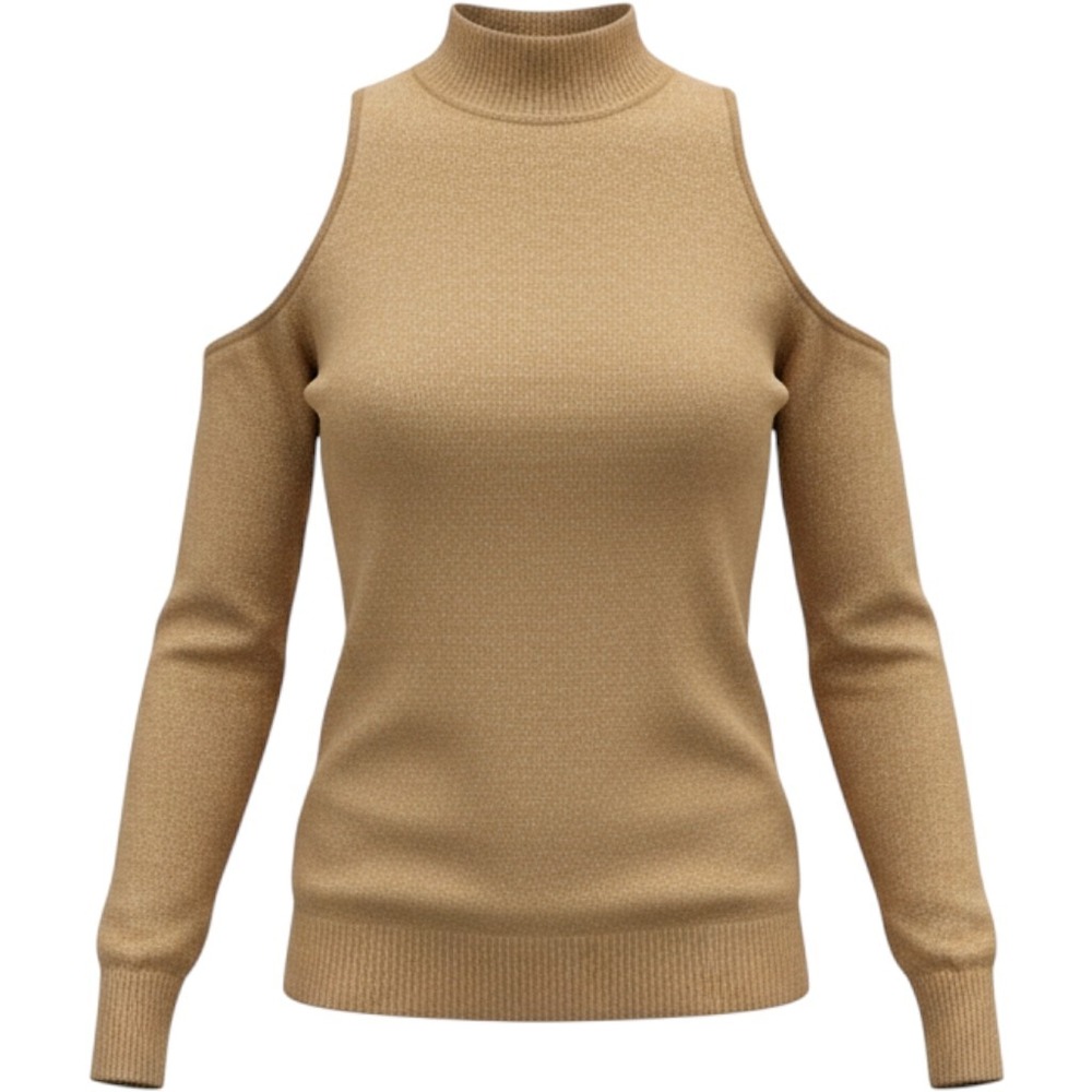 Cache Cold Shoulder Sweater Large Gold Metallic Mock Neck Ribbed Knit Top